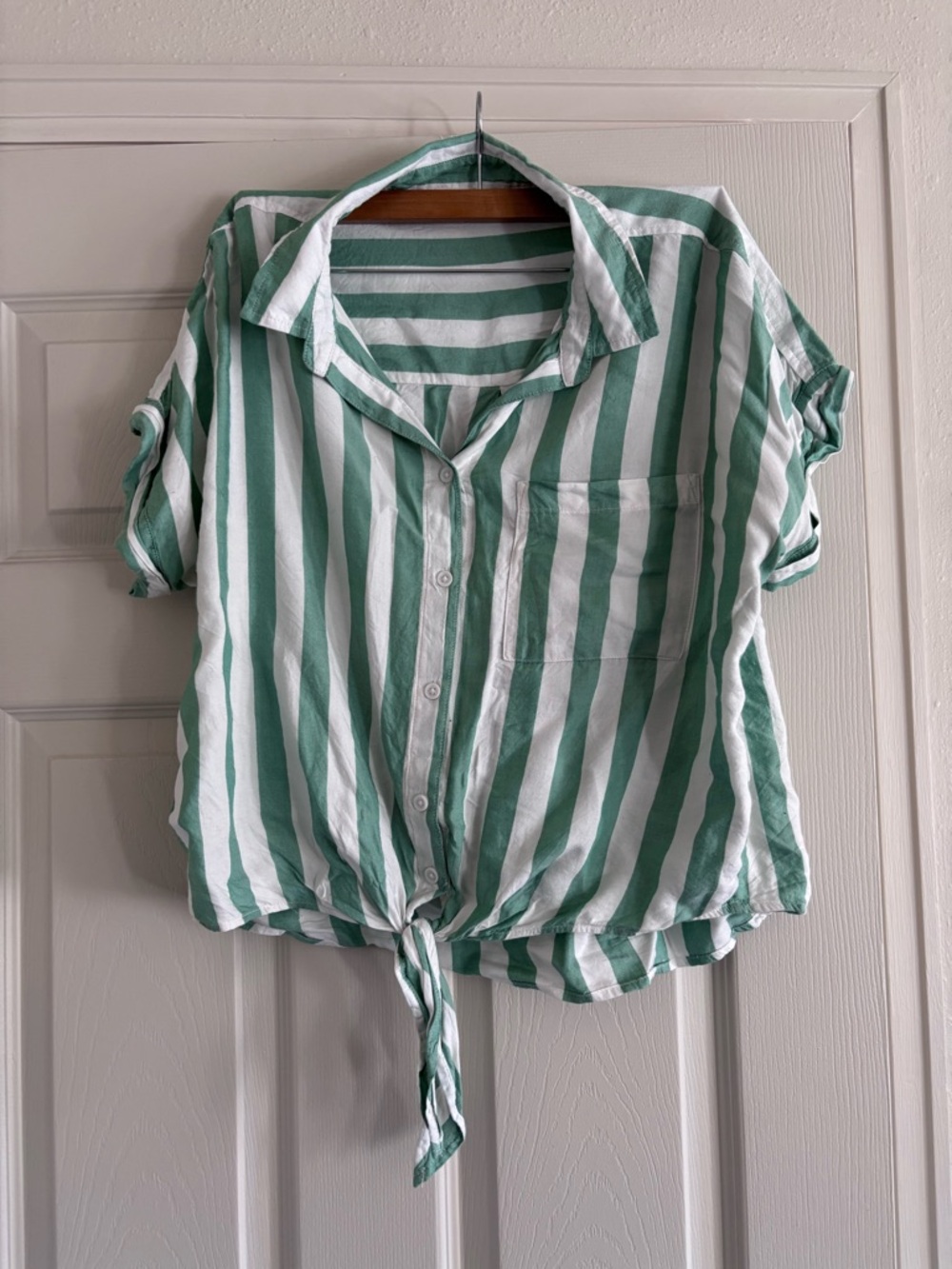 Striped Tie-Front Button-Up Top - Green/White